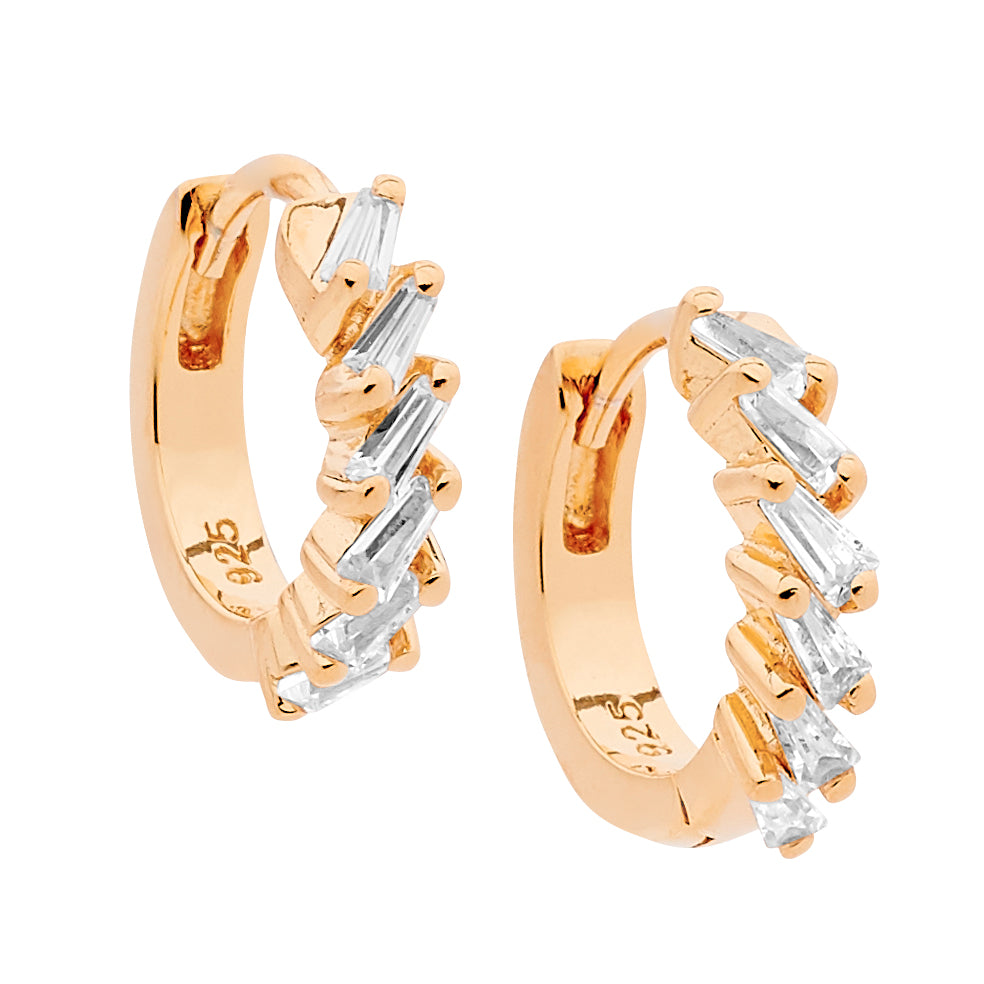 Sterling Silver Rose Gold Plated Cubic Zirconia Huggie Earrings