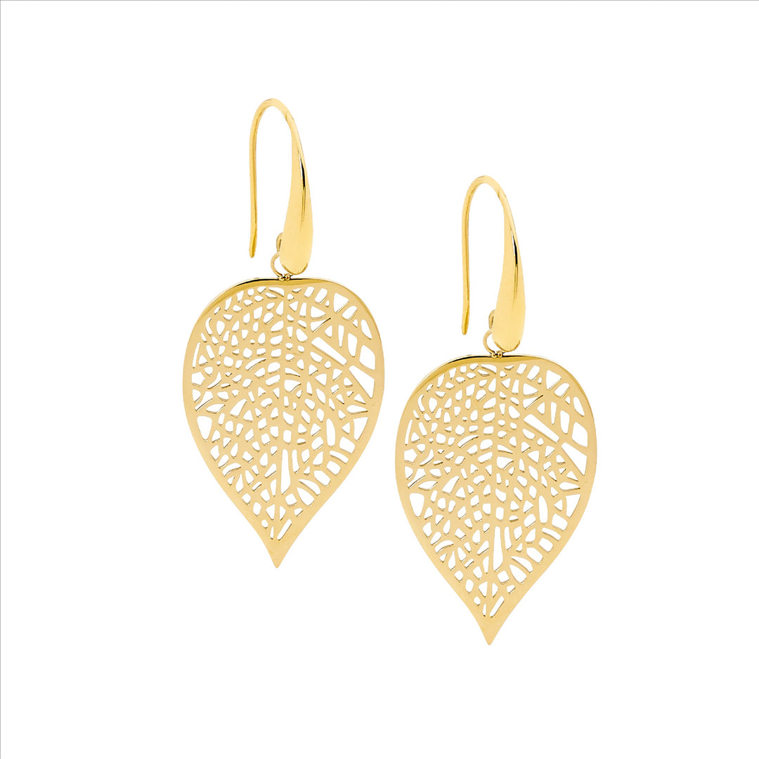 Stainless Steel Yellow Gold Plated Leaf Shepherd Hook Earrings