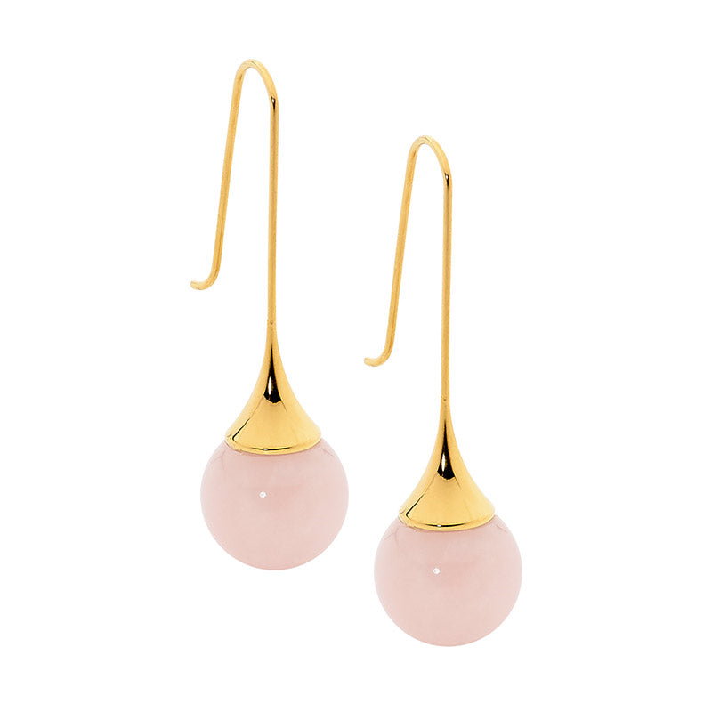 Stainless Steel Rose Gold Plated Rose Quartz Ball Shepherd Hook Earrings