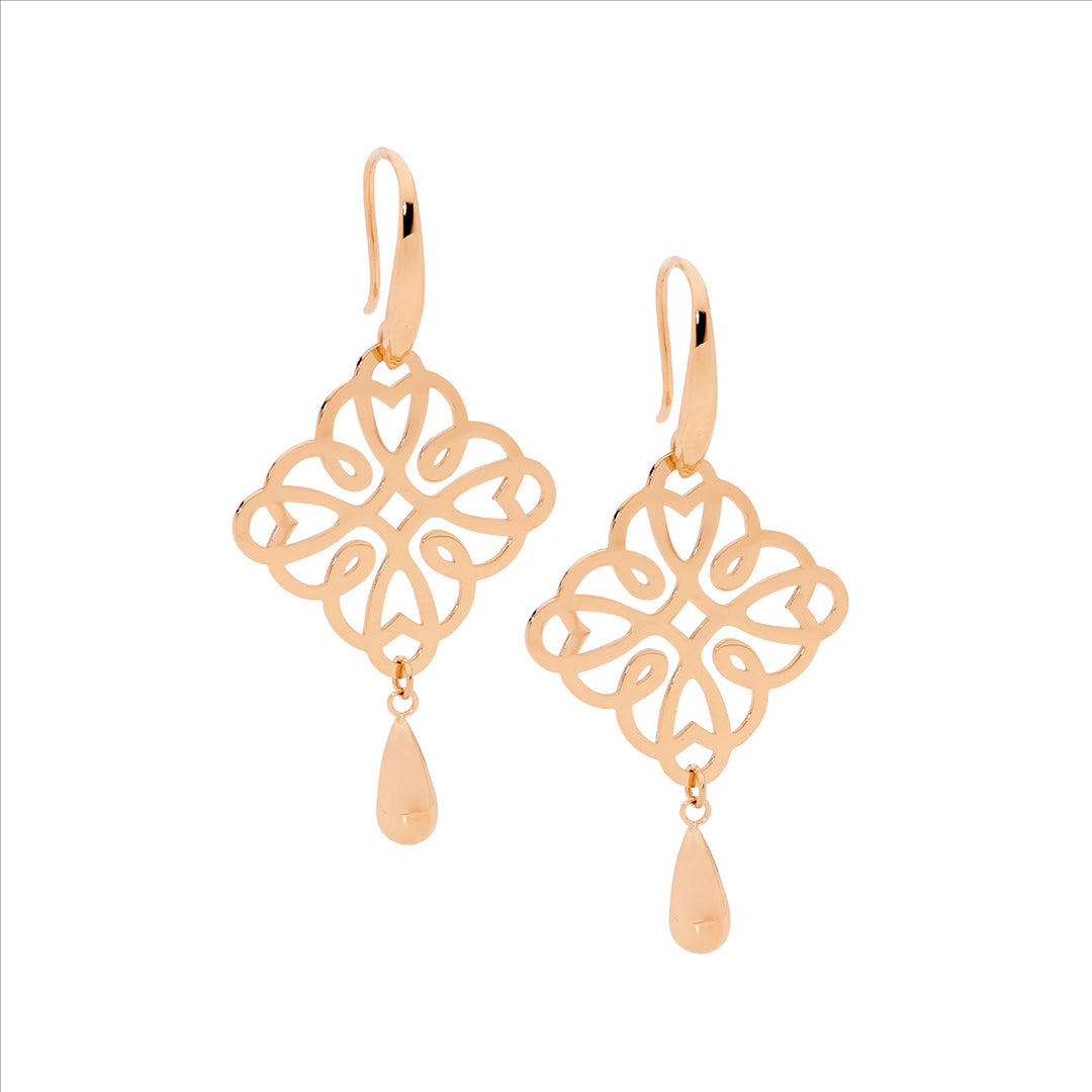 Stainless steel filigree square w/ drop tear all rose gold plating