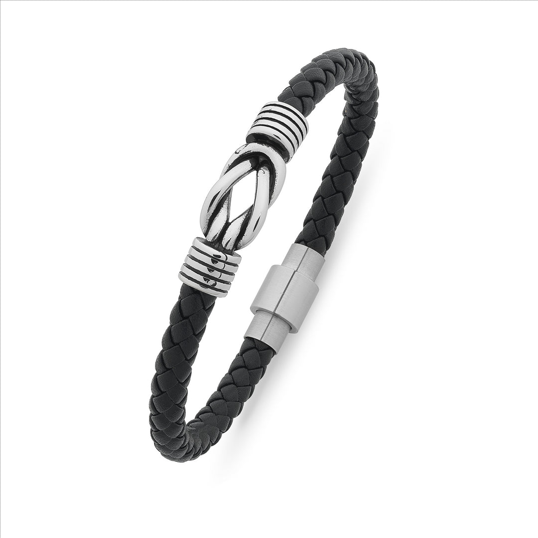 Stainless Steel & Black Leather Knot Detail Bracelet