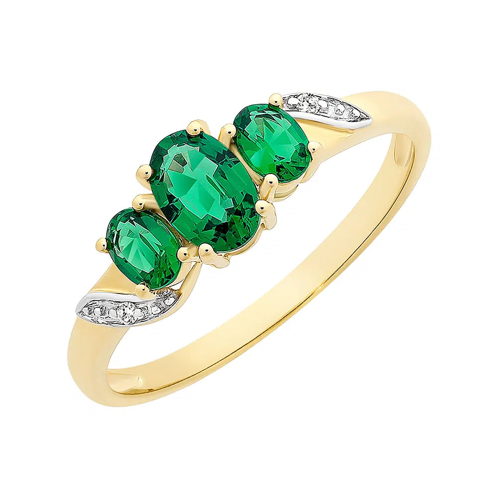 9ct Yellow Gold Created Emerald & Diamond Trilogy Ring