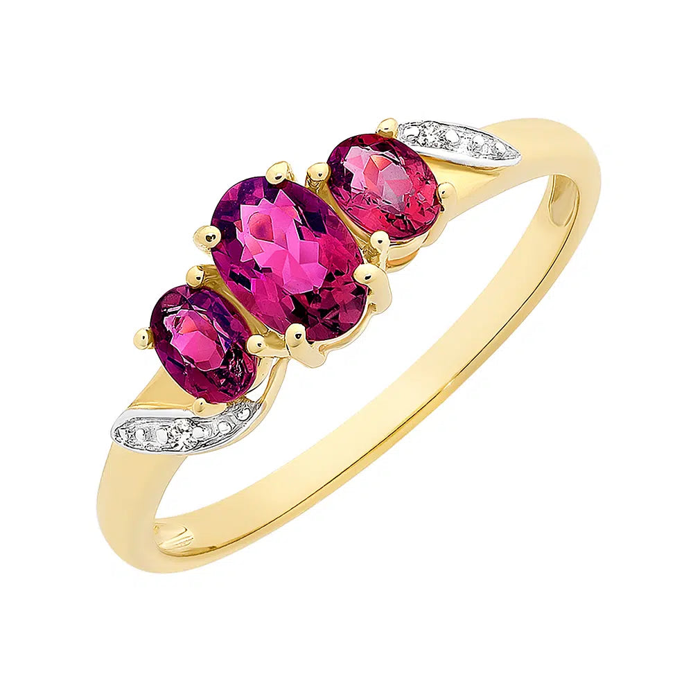 9ct Yellow Gold Pink Tourmaline & Diamnond Trilogy Ring