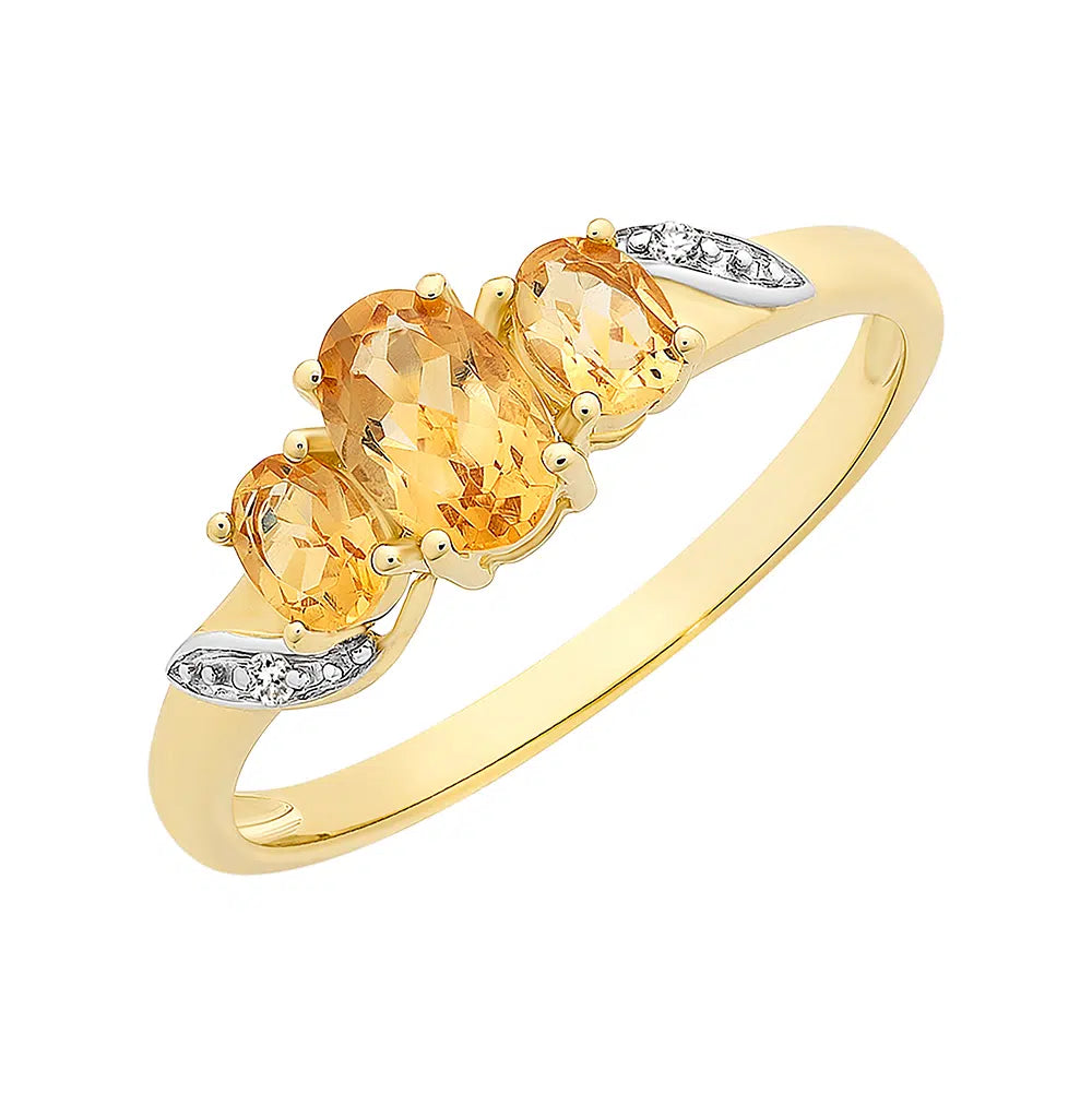 9ct Yellow Gold Citrine & Diamond Trilogy Ring