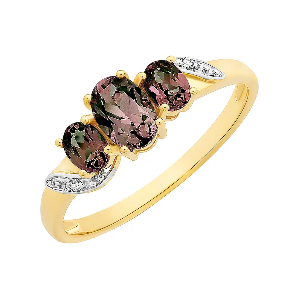 9ct Yellow Gold Created Alexandrite & Diamond Trilogy Ring