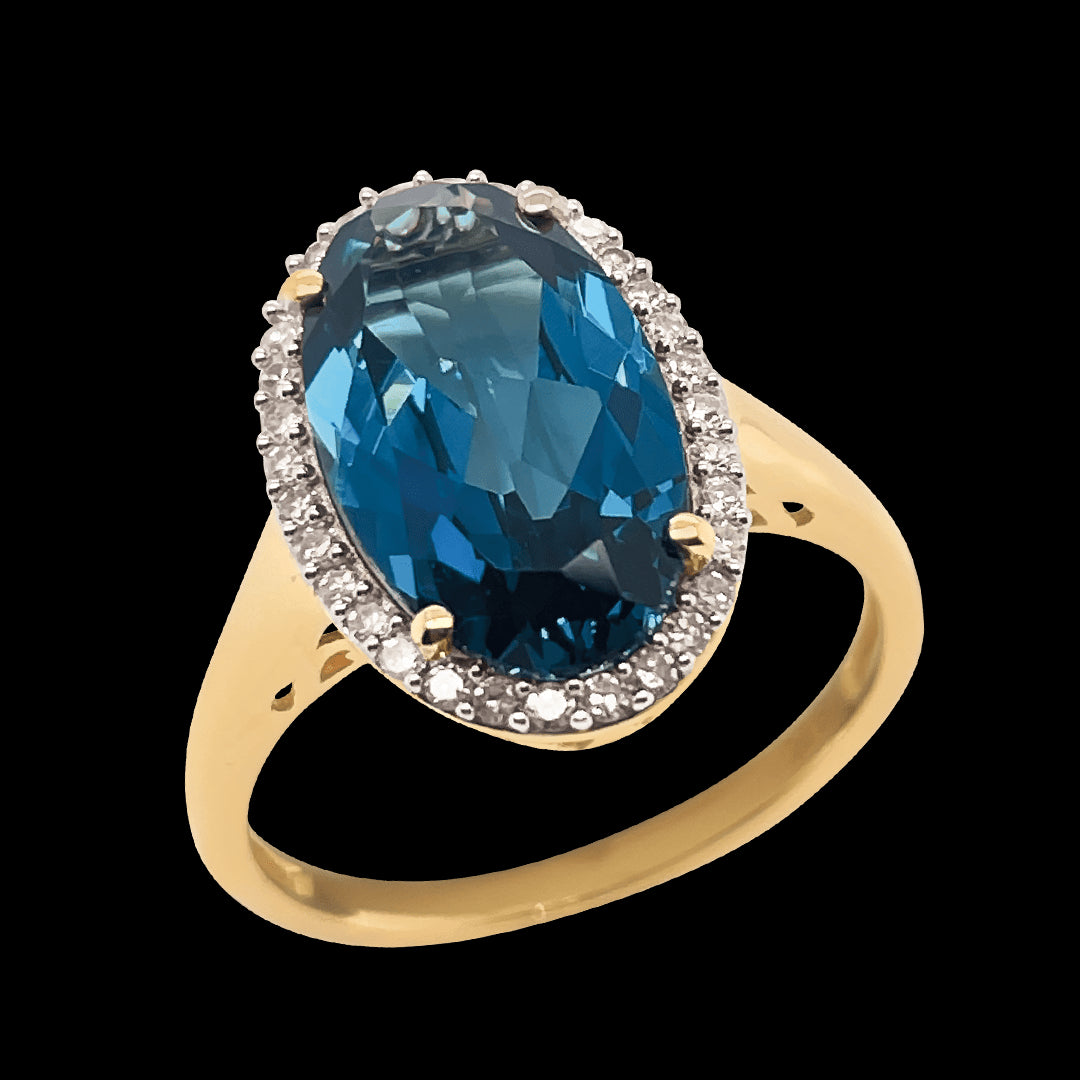 9ct Yellow Gold London Blue Topaz & Diamond Dress Ring