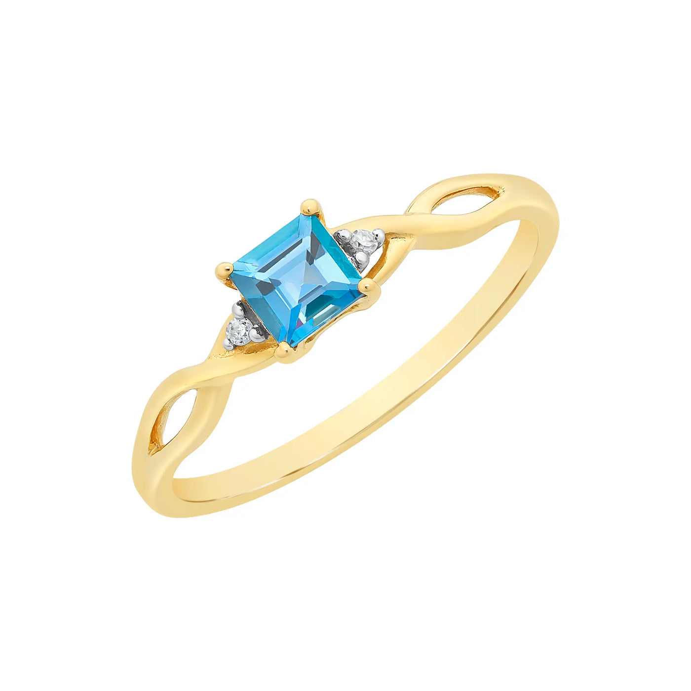 9ct Yellow Gold Princess Cut London Blue Topaz & Diamond Dress Ring