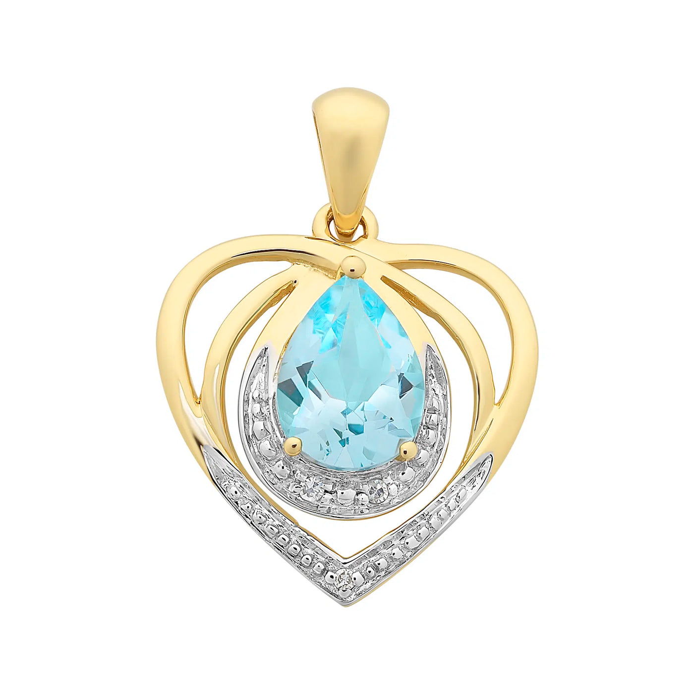 9ct Yellow Gold Blue Topaz & Diamond Heart Pendant