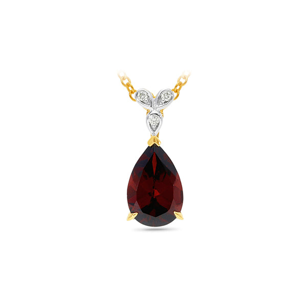 9ct Yellow Gold Garnet & Diamond Tear Drop Pendant