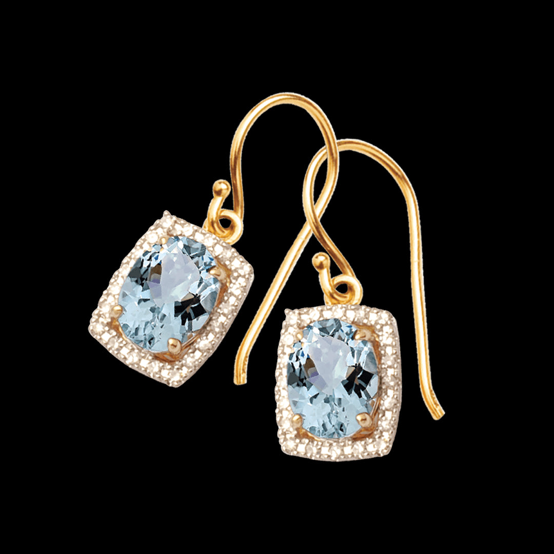 9ct Yellow Gold Oval Cut Aquamarine & Diamond Square Shaped Sheperd Hook Earrings