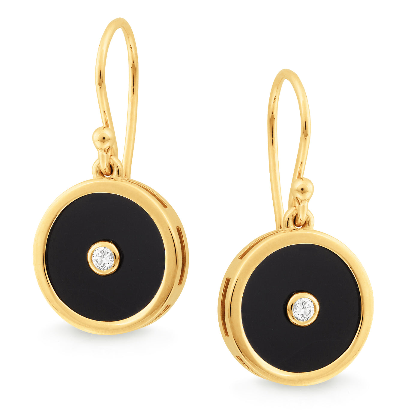 9ct Yellow Gold Onyx & Diamond Hook Earrings