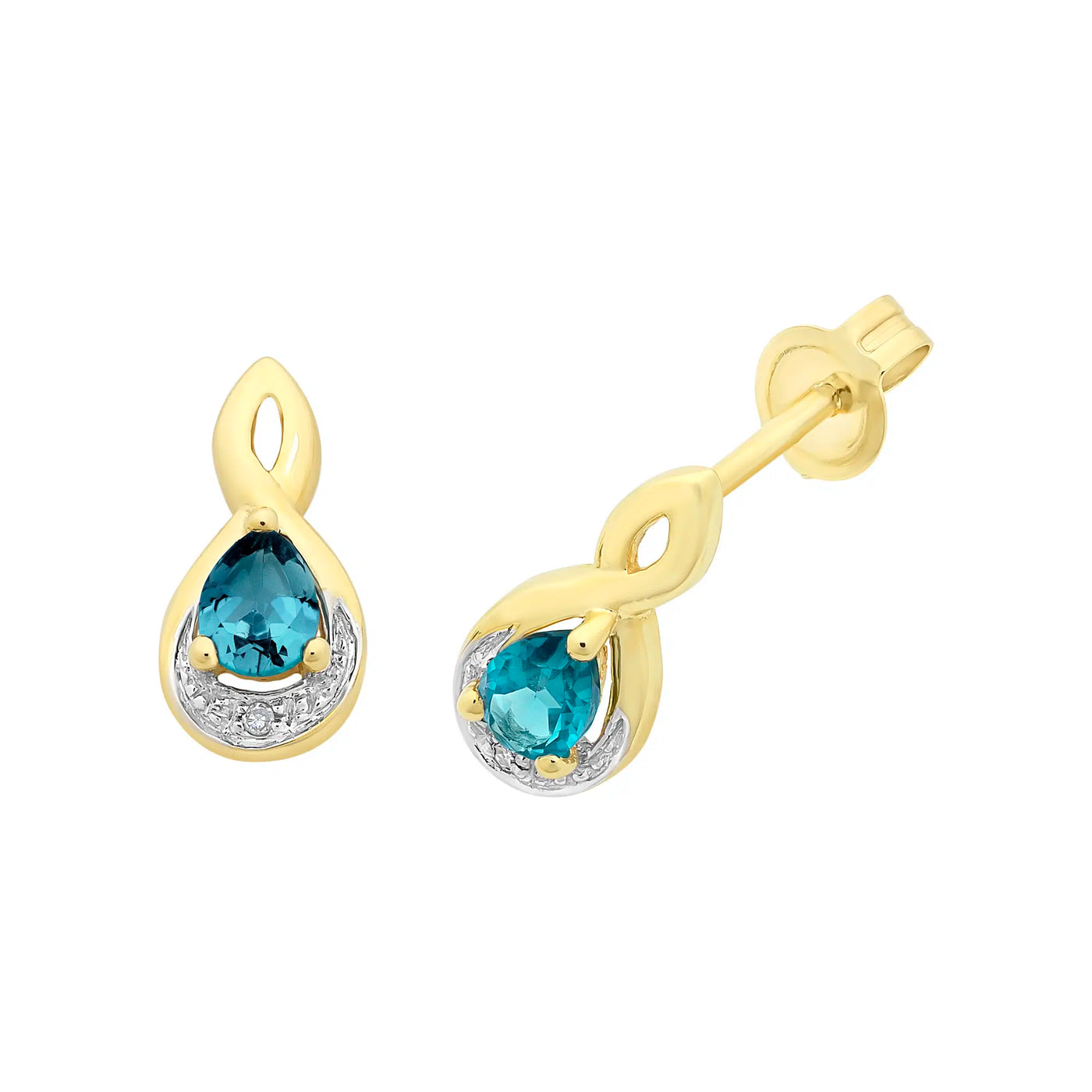 9ct Yellow Gold London Blue Topaz & Diamond Stud Earrings