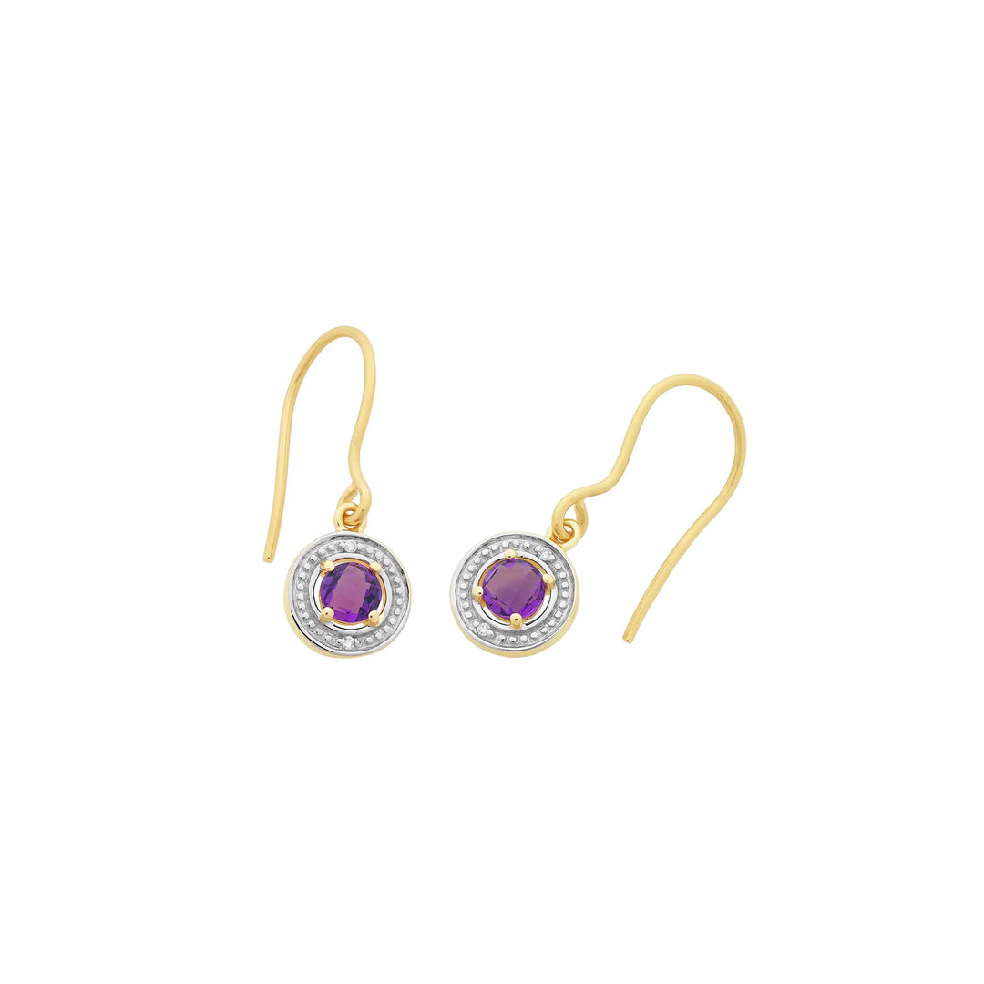 9ct Yellow Gold Amethyst & Diamond Sheppard Hook Earrings