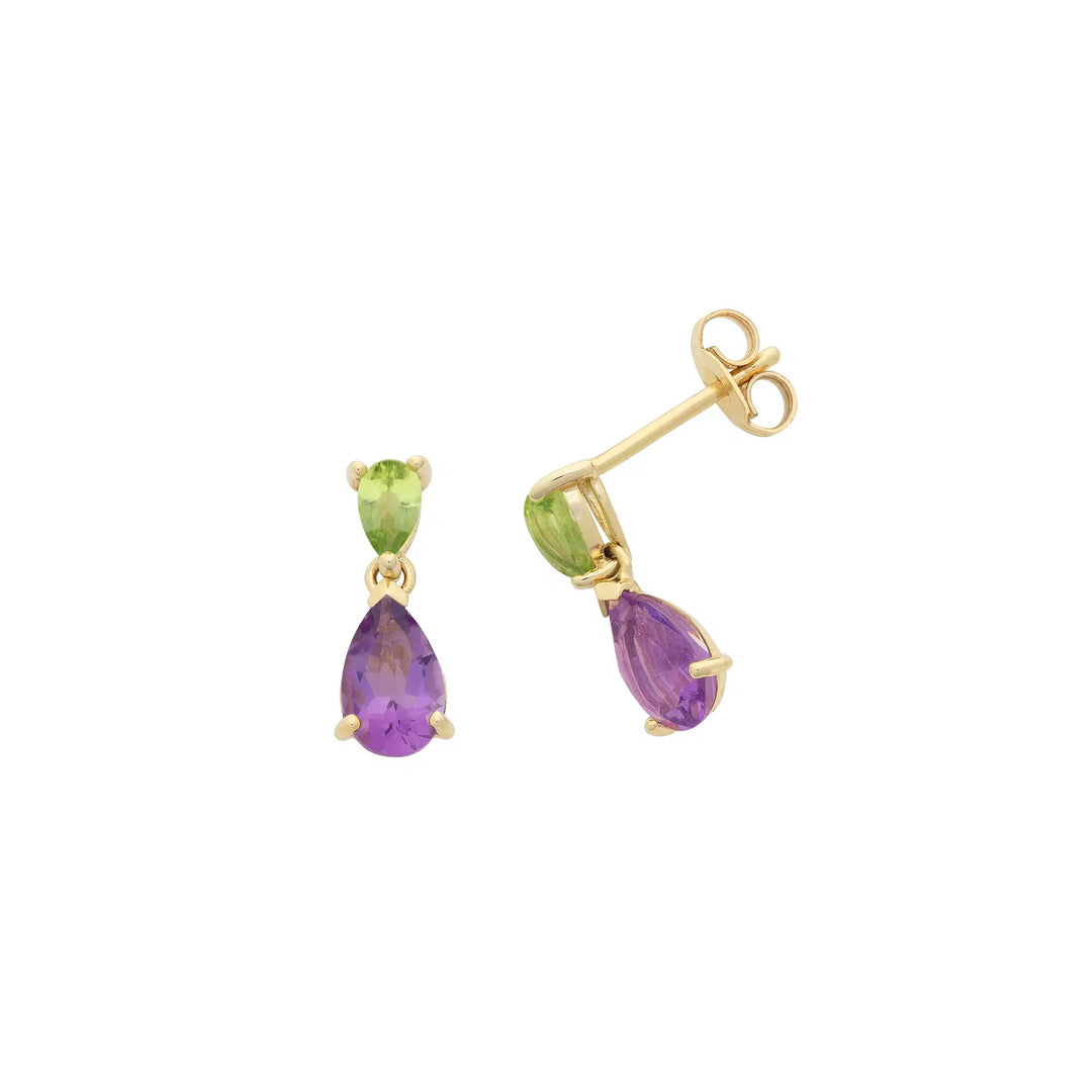 9ct Yellow Gold Peridot & Amethyst Drop Stud Earrings