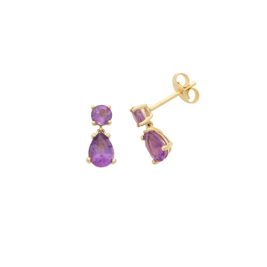 9ct Yellow Gold Amethyst Drop Stud Earrings