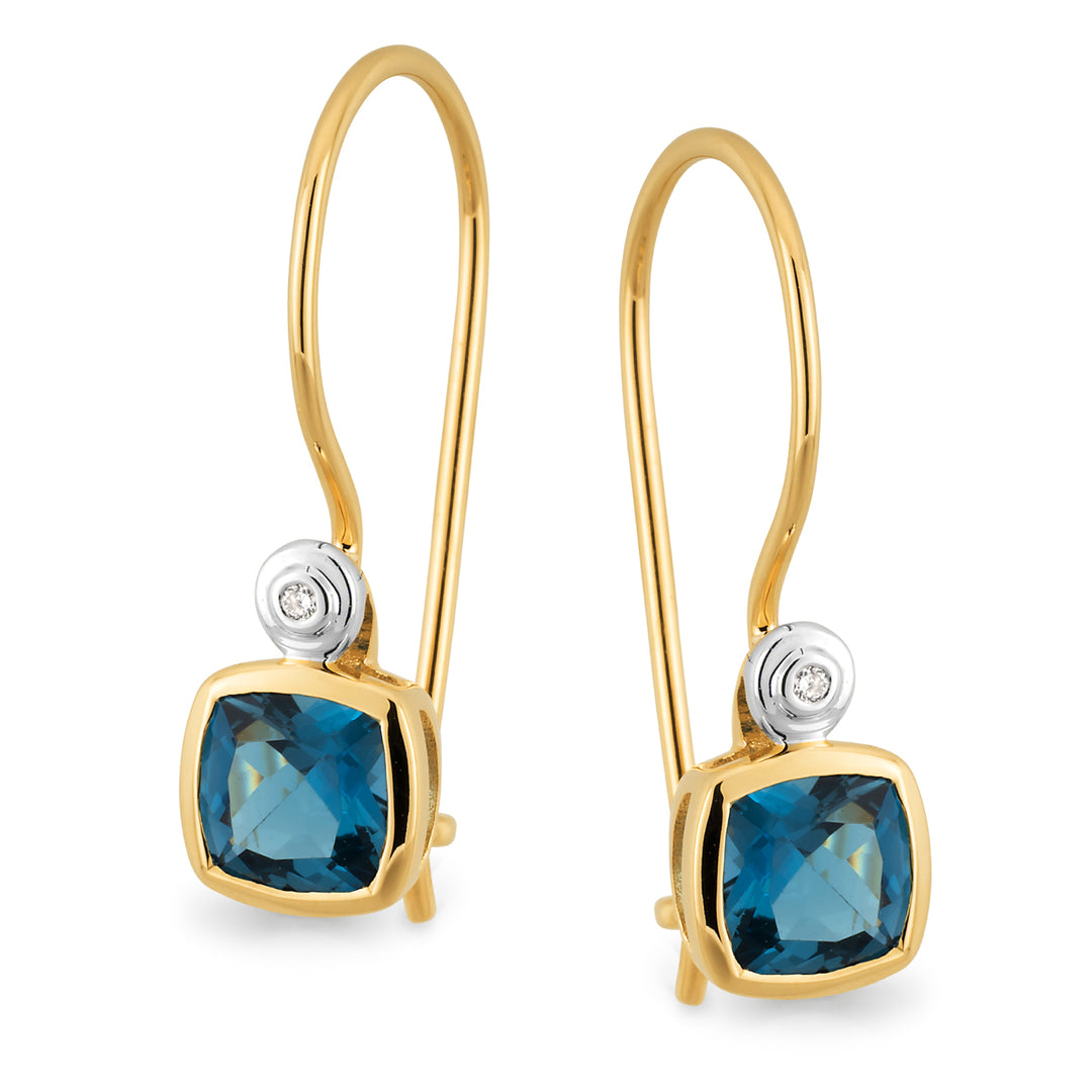 9ct Yellow Gold London BlueTopaz & Diamond Shepherd Hook Earrings