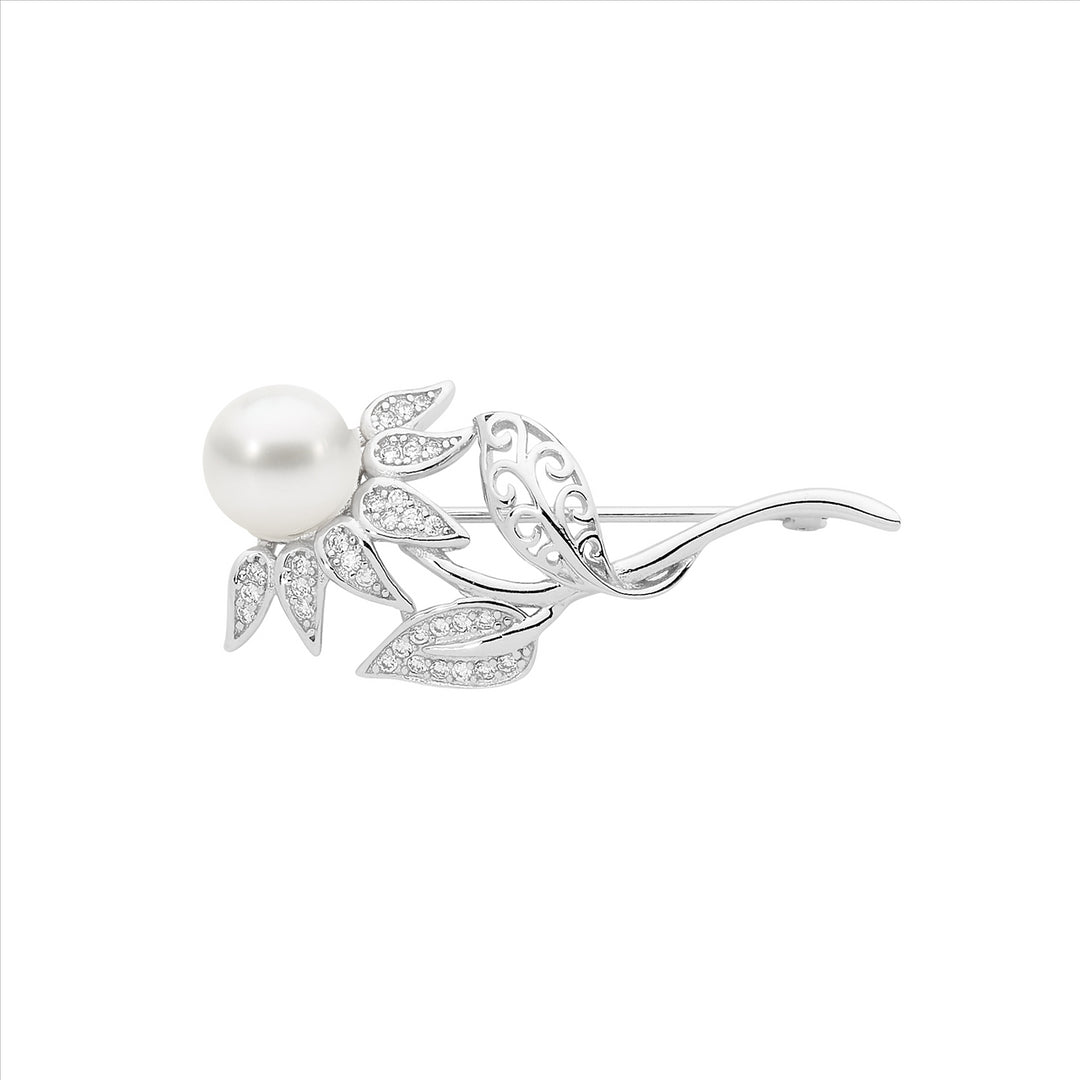 Ellani Sterling Silver Cubic Zirconia & Pearl Flower Brooch