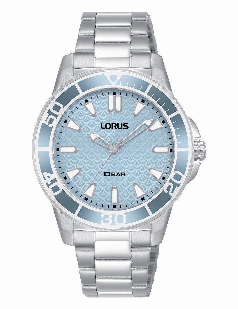 Lours Ladies Sports WatchSilver Toned Stainless Steel With Light Blue Face