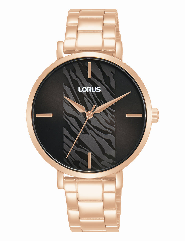 Lorus Ladies Everyday Dress Watch Rose Gold Plated Stainless Steel With Black Face
