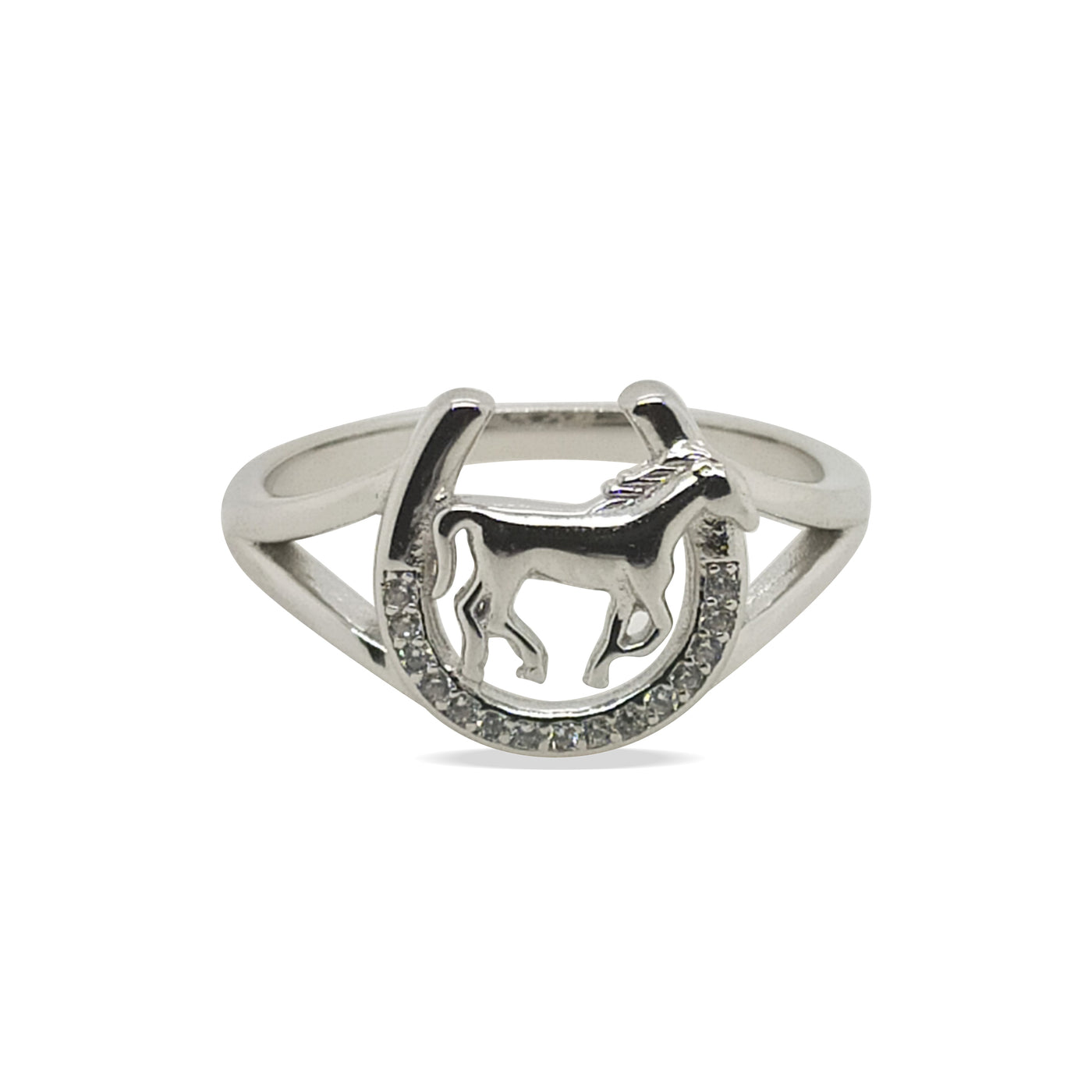 MCJ Sterling Silver Cz Horse In Horseshoe Ring