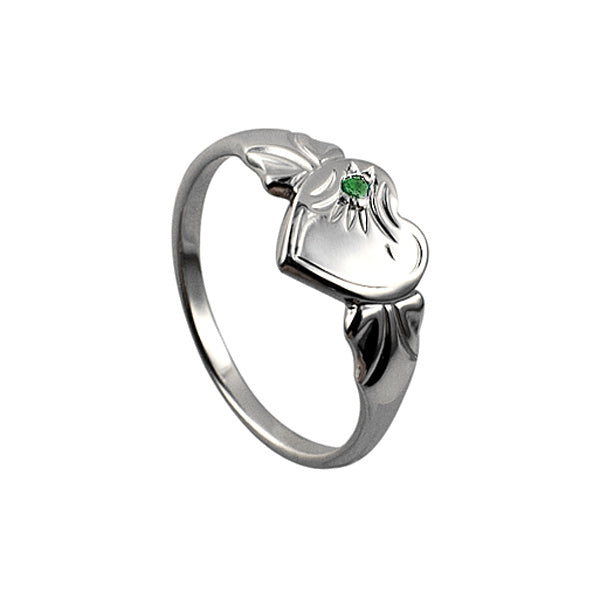 Sterling Silver Heart Signet Ring With Green Cubic Zirconia