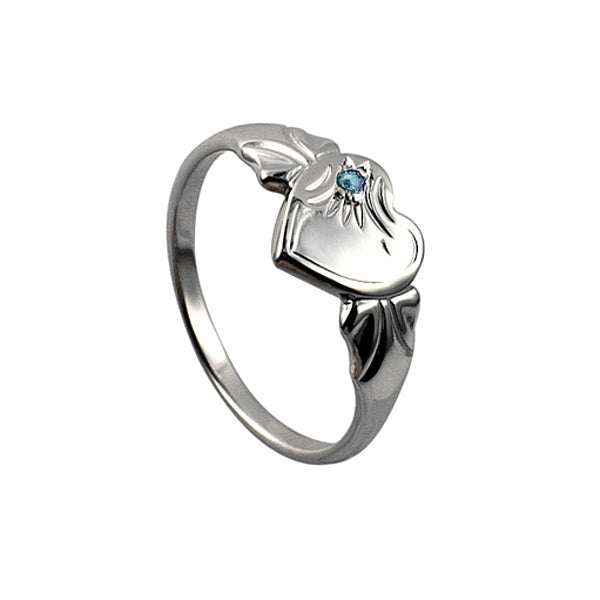 Sterling Silver Heart Signet Ring With Light Blue Cubic Zirconia