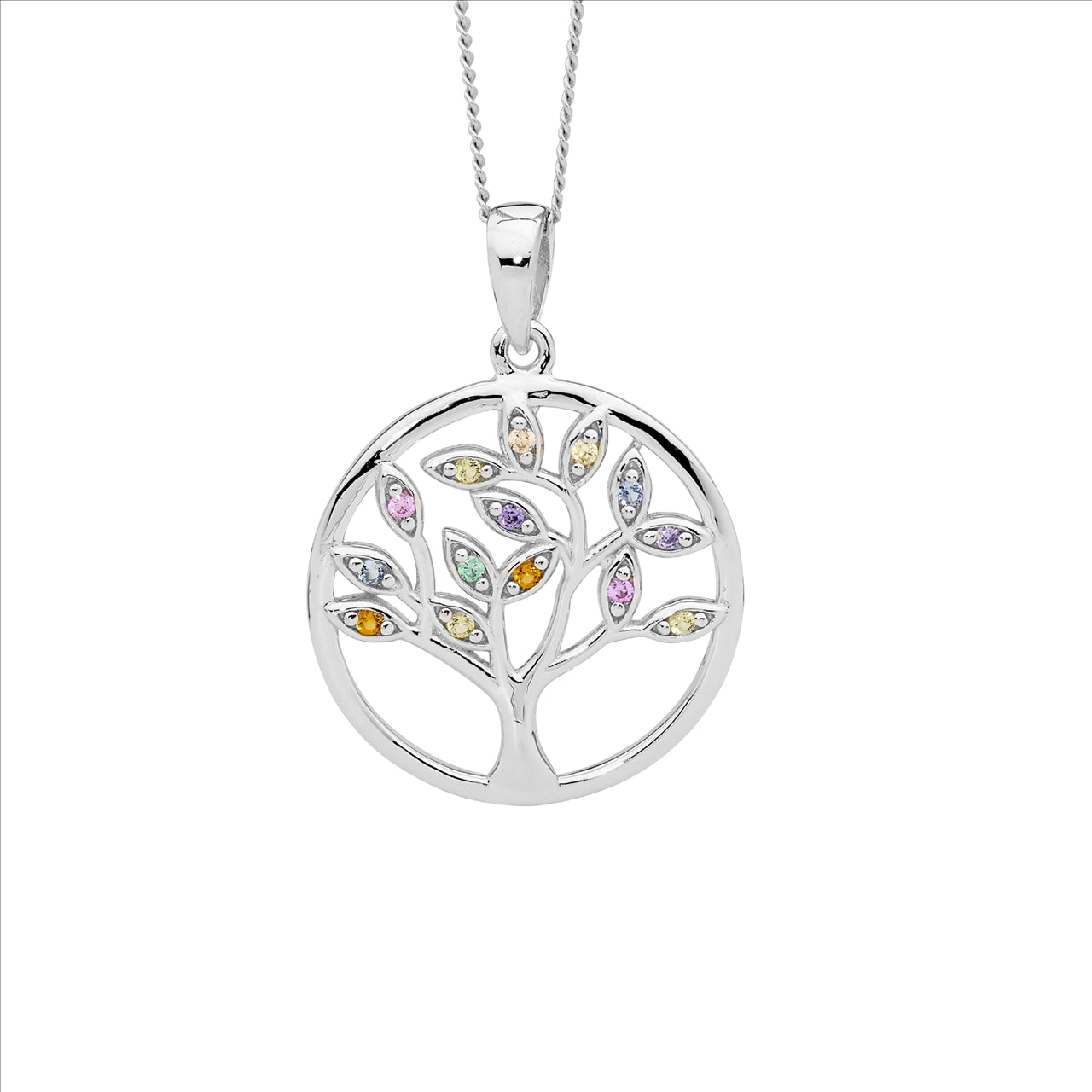 Ellani Sterling Silver Multi Colour Cubic Zirconia Tree of Life Pendant