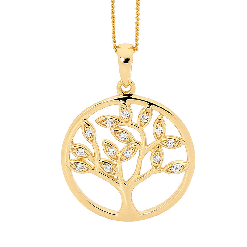 Ellani Sterling Silver Yellow Gold Plated White Cubic Zirconia Tree of Life Pendant