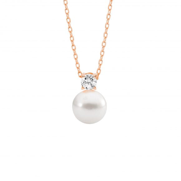 Ellani Sterling Silver Rose Gold Plated Pearl & Cubic Zirconia Necklace
