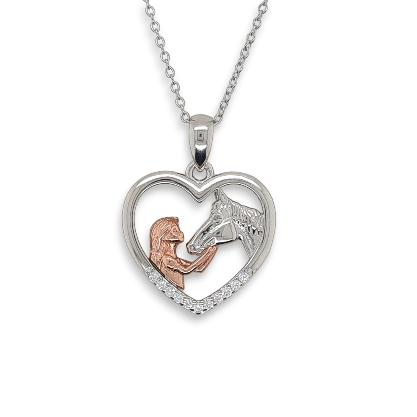 MCJ Sterling Silver & Rose Gold Plated Horse & Girl Cz Necklace