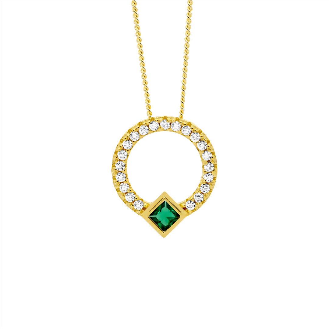 Ellani Sterling Silver & Green Cubic Zirconia Gold Plated Circle Neklace