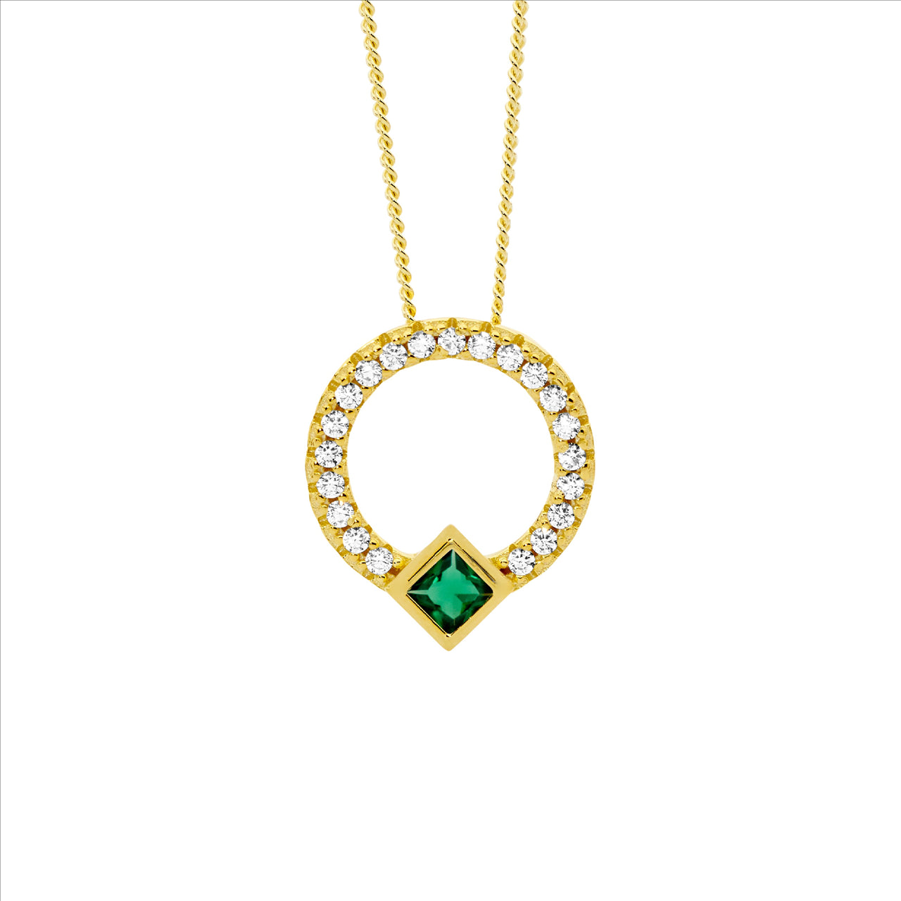 Ellani Sterling Silver & Green Cubic Zirconia Gold Plated Circle Neklace