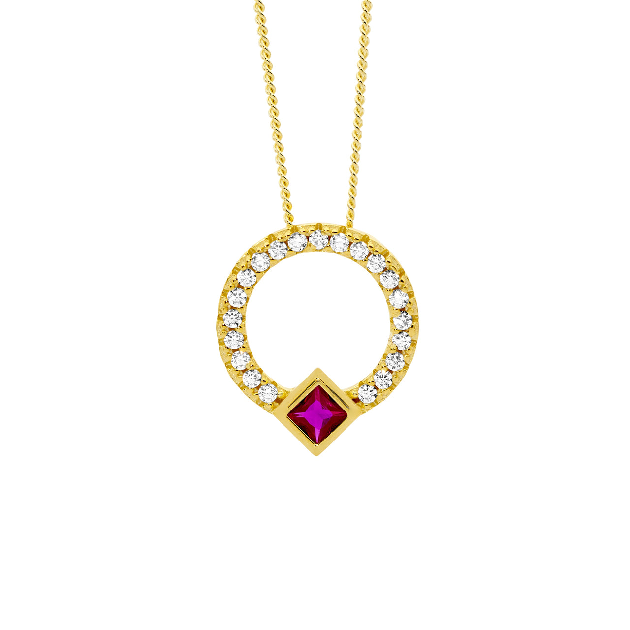 Ellani Sterling Silver & Red Cubic Zircoia Gold Plated Circle Pendant