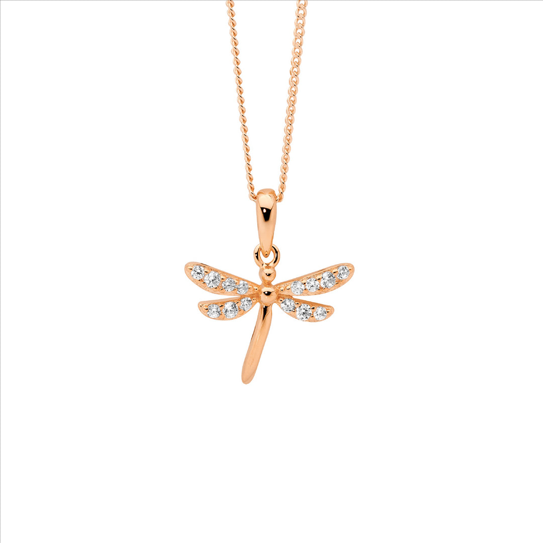 Sterling Silver Rose Gold Plated Cubic Zirconia Dragonfly Necklace