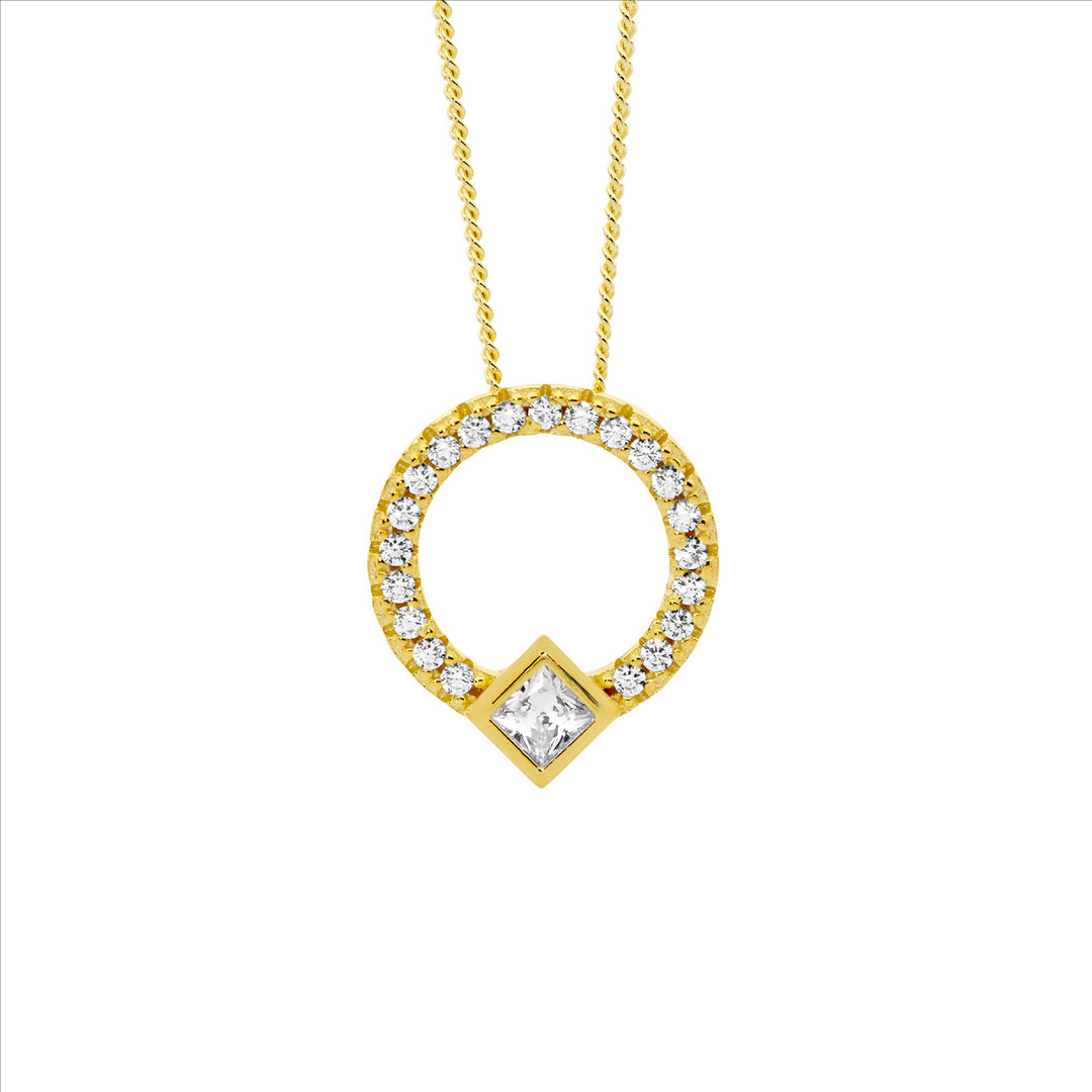 Sterling Silver Yellow Gold Plated Cubic Zirconia Circle Necklace