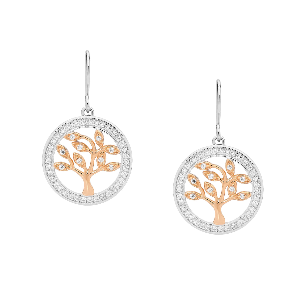 Ellani Sterling Silver Rose Gold Plated White Cubic Zirconia Tree of Life Earrings