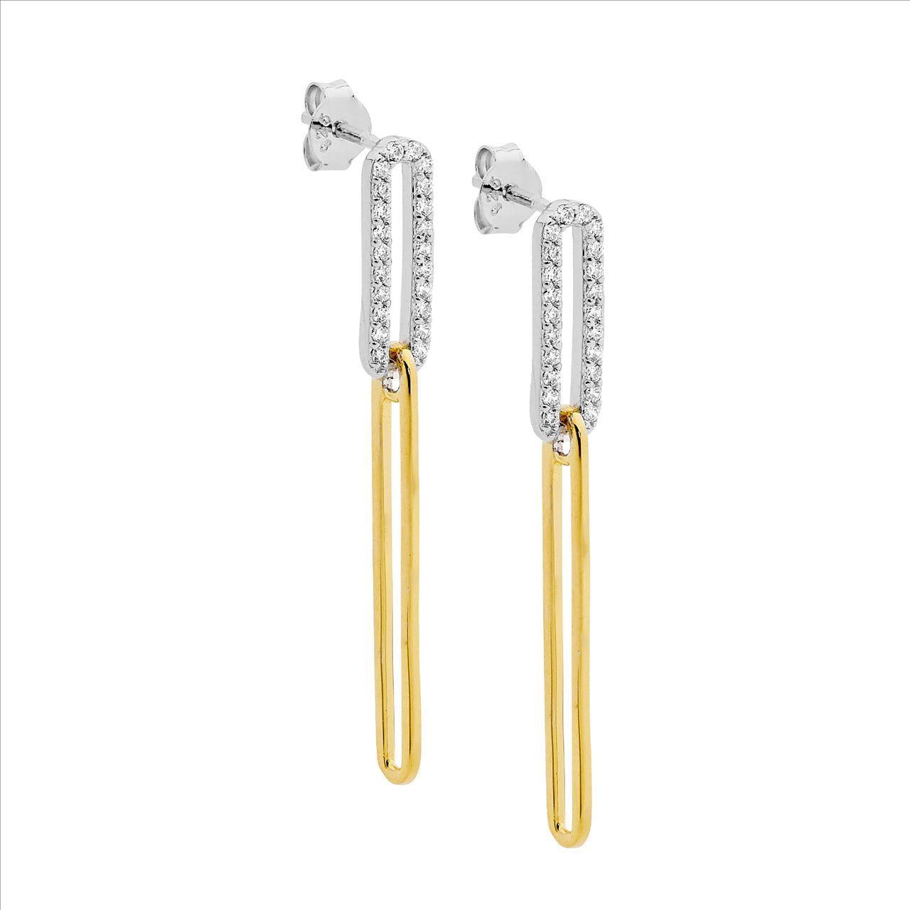 Ellani Sterling Silver Gold Plated White Cubic Zirconia Oval Link Earrings