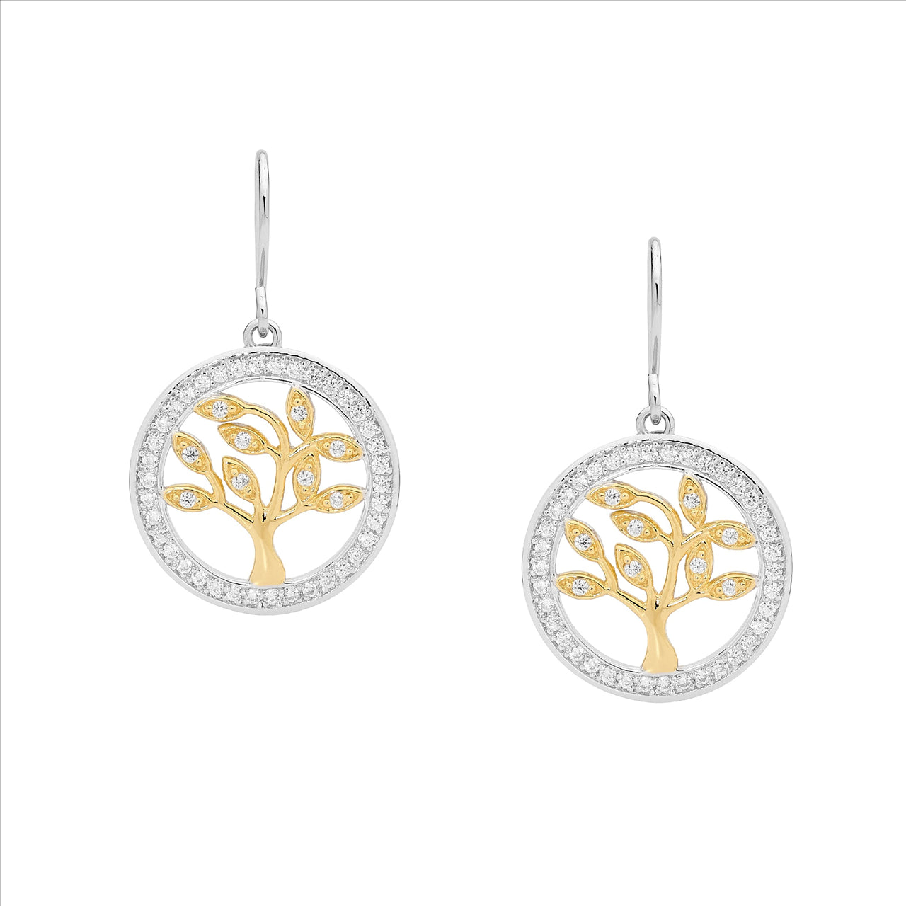 Ellani Sterling Silver Gold Plated White Cubic Zirconia Tree of Life Earrings
