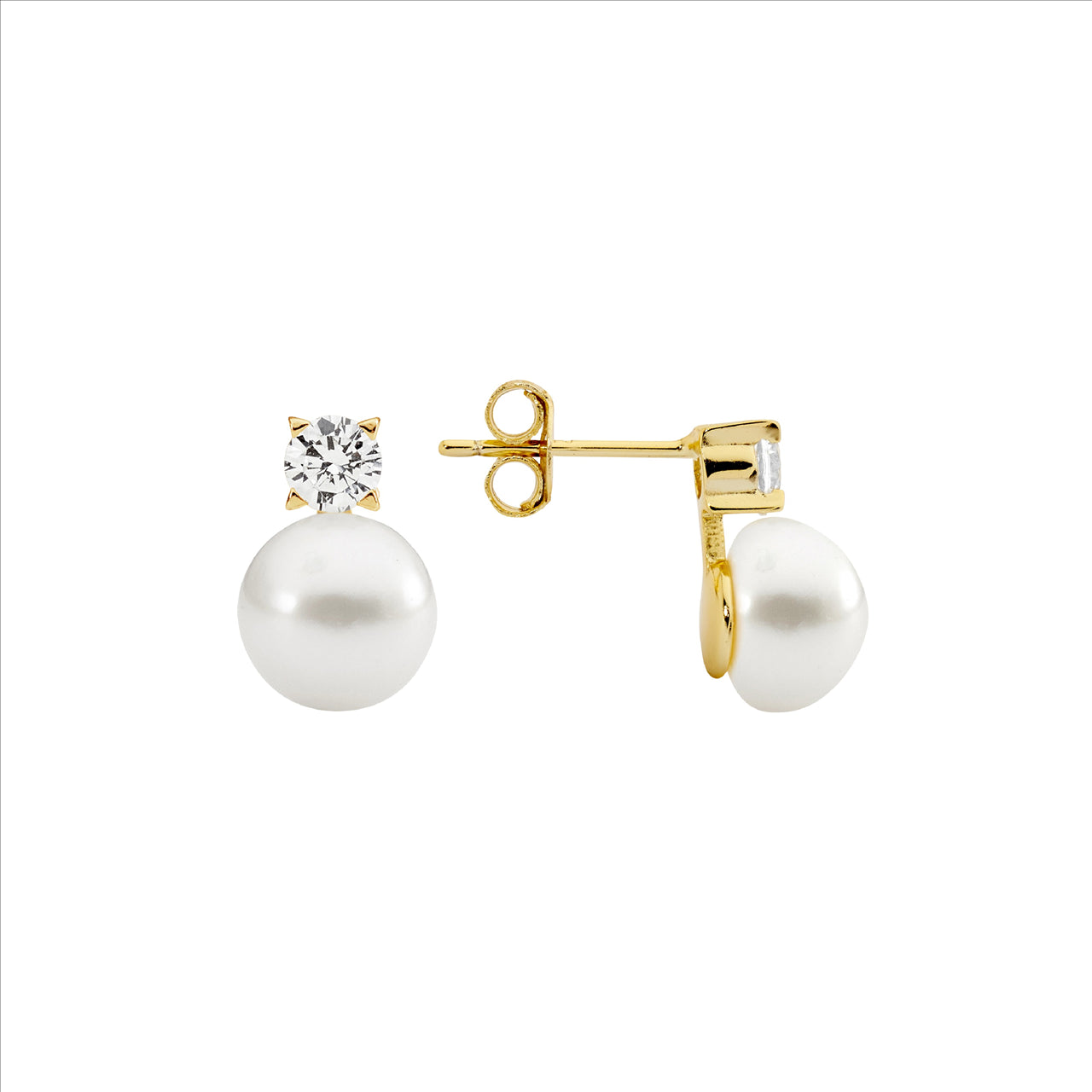Ellani Sterling Silver Yellow Gold Plated Pearl & Cubic Zirconia Stud Earrings
