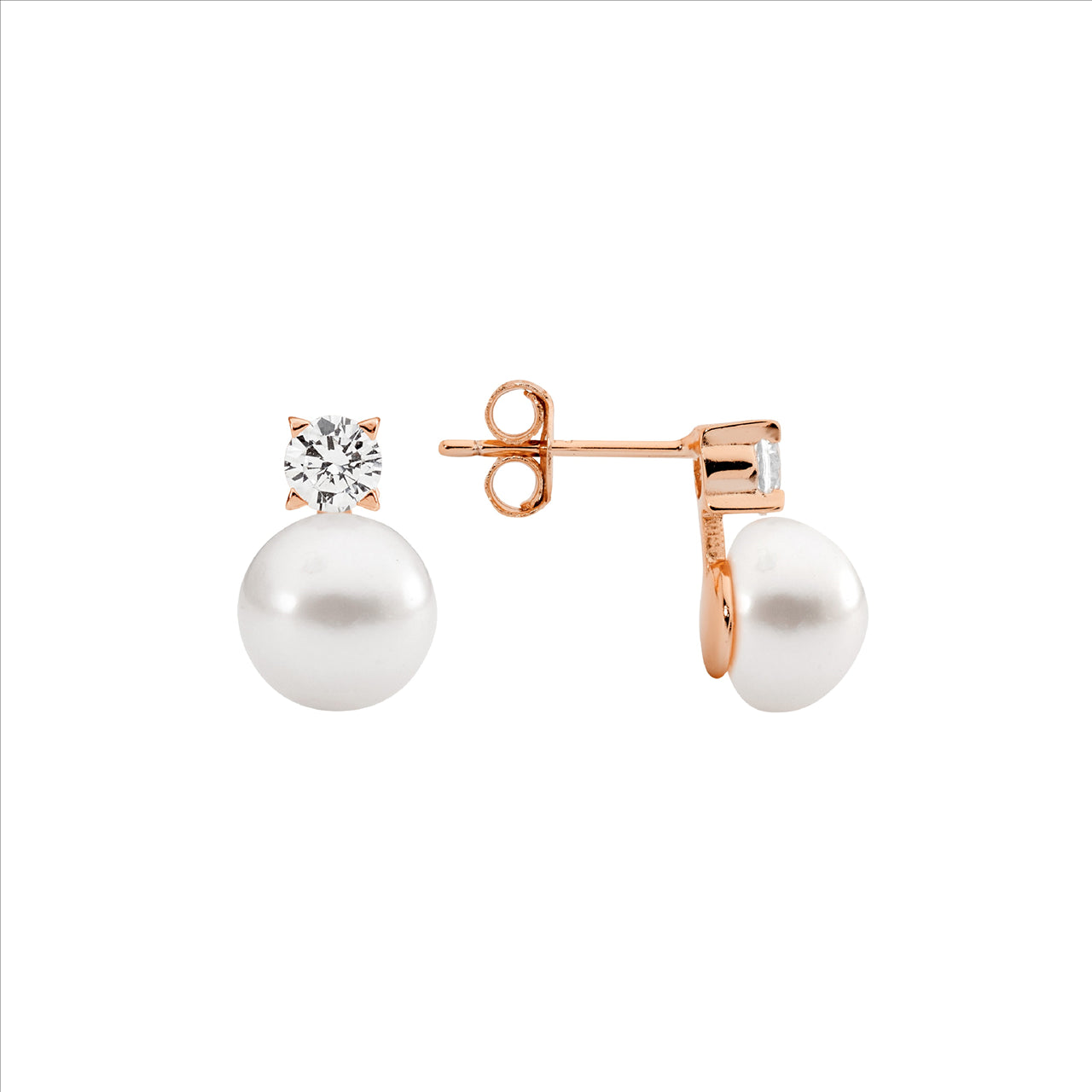 Ellani Sterling Silver Rose Gold Plated Pearl & Cubic Zirconia Stud Earrings