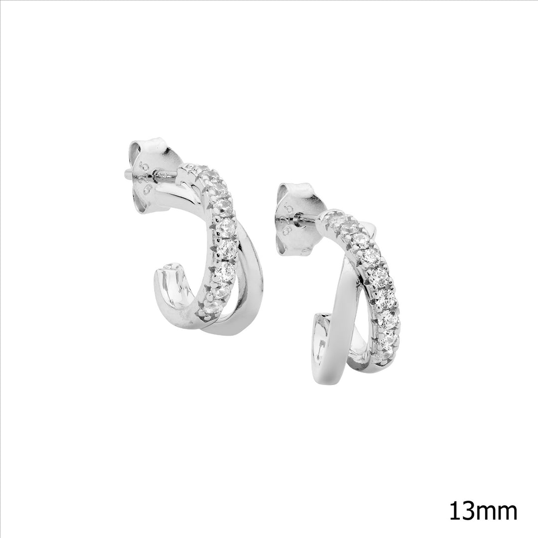 Sterling Silver Cubic Zirconia Crossover Hoop Stud Earrings