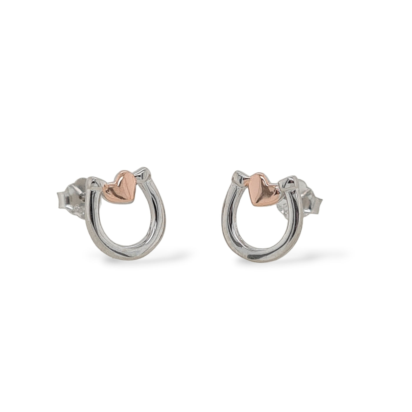 MCJ Sterling Silver Rose Gold Plated Horseshoe With Puffed Heart Stud Earrings