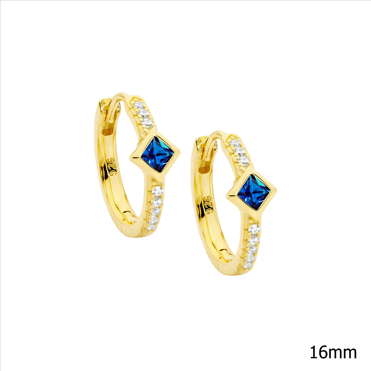 Ellani Sterling Silver & Cubic Zirconia Gold Plated Hoop Earrings With Blue Centre Stone