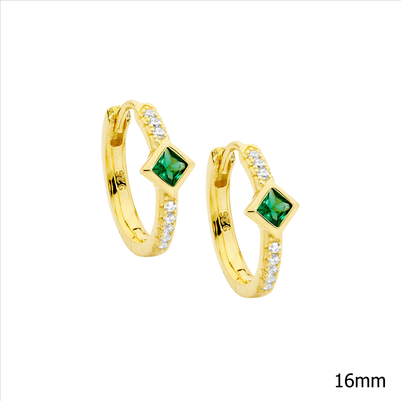 Ellani Sterling Silver & Cubic Zirconia Gold Plated Hoop Earrings With Green Centre Stone