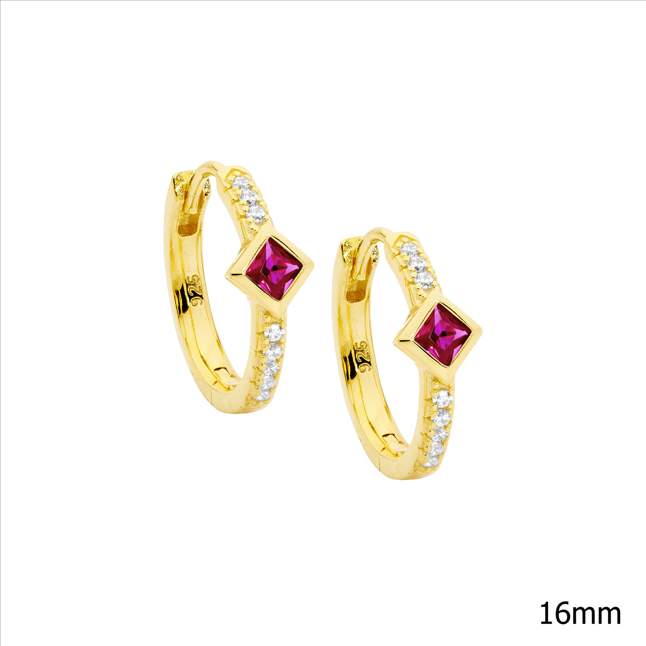 Ellani Sterling Silver & Cubic Zirconia Gold Plated Hoop Earrings With Red Centre Stone