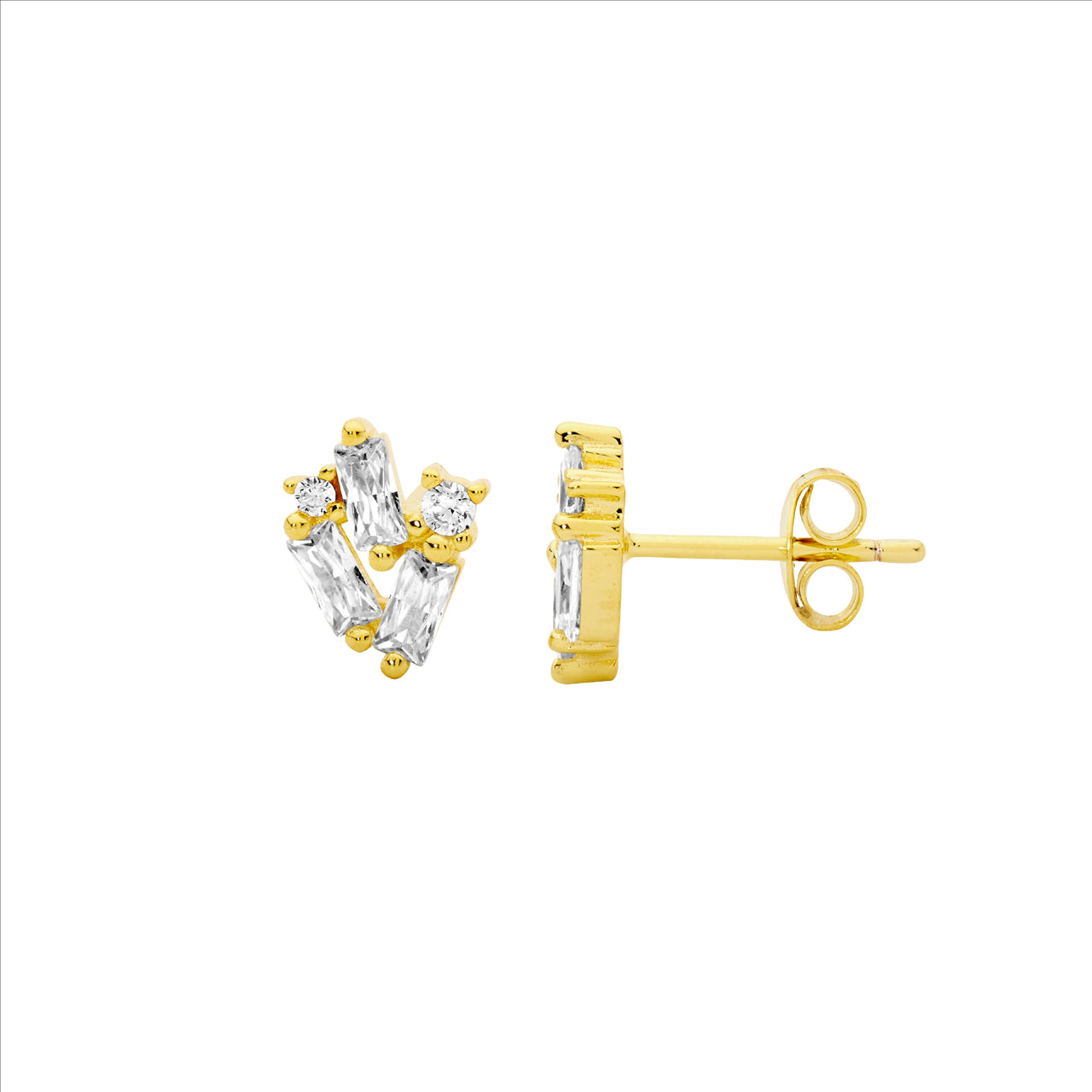 Ellani Stering Silver & Baguette Cut Cubic Zirconia Gold Plated Staggered Stud Earrings