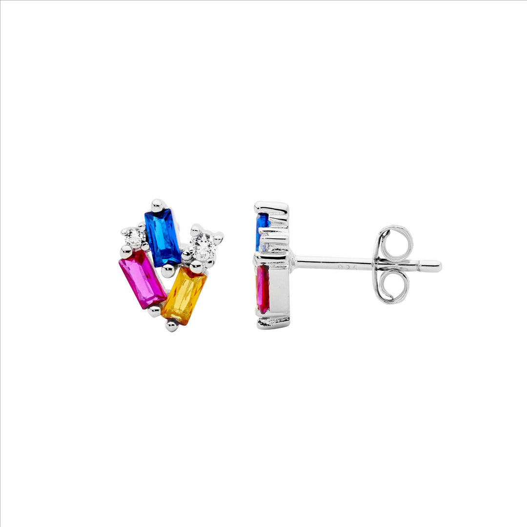 Ellani Sterling Silver & Multicoloured Baguette Cut Cubic Zirconia Staggered Stud Earrings