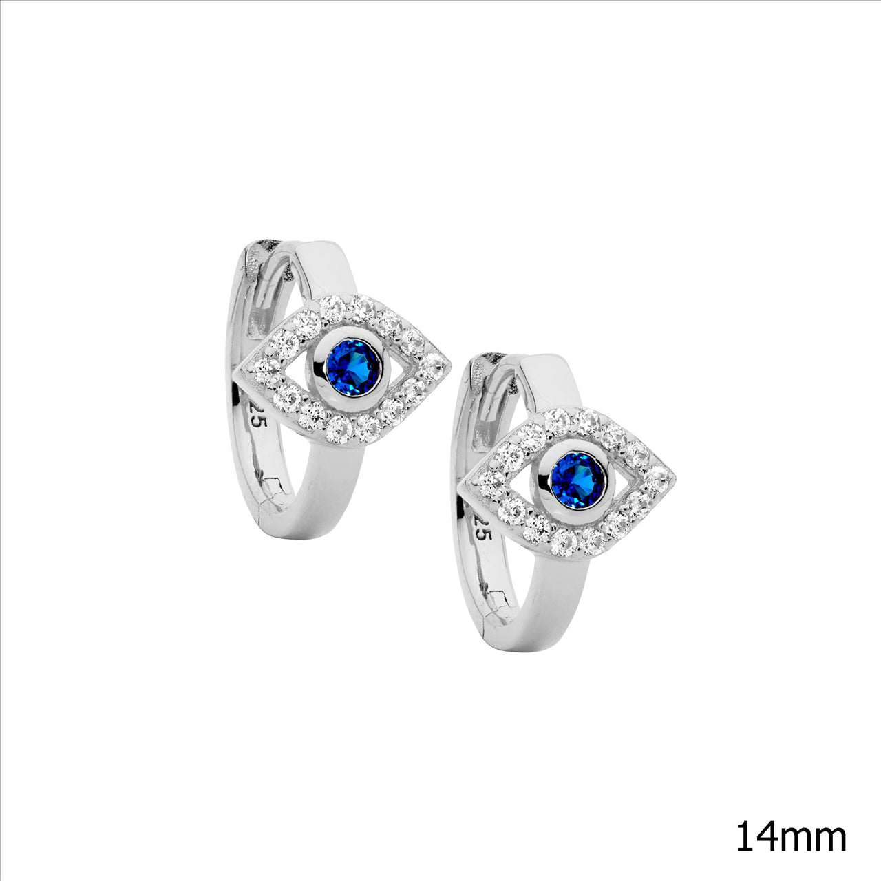 Ellani Sterling Silver & Blue Cubic Zirconia Evil Eye Hoop Earrings