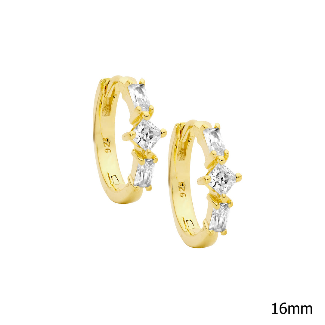 Sterling Silver Yellow Gold Plated Cubic Zirconia Huggie Earrings