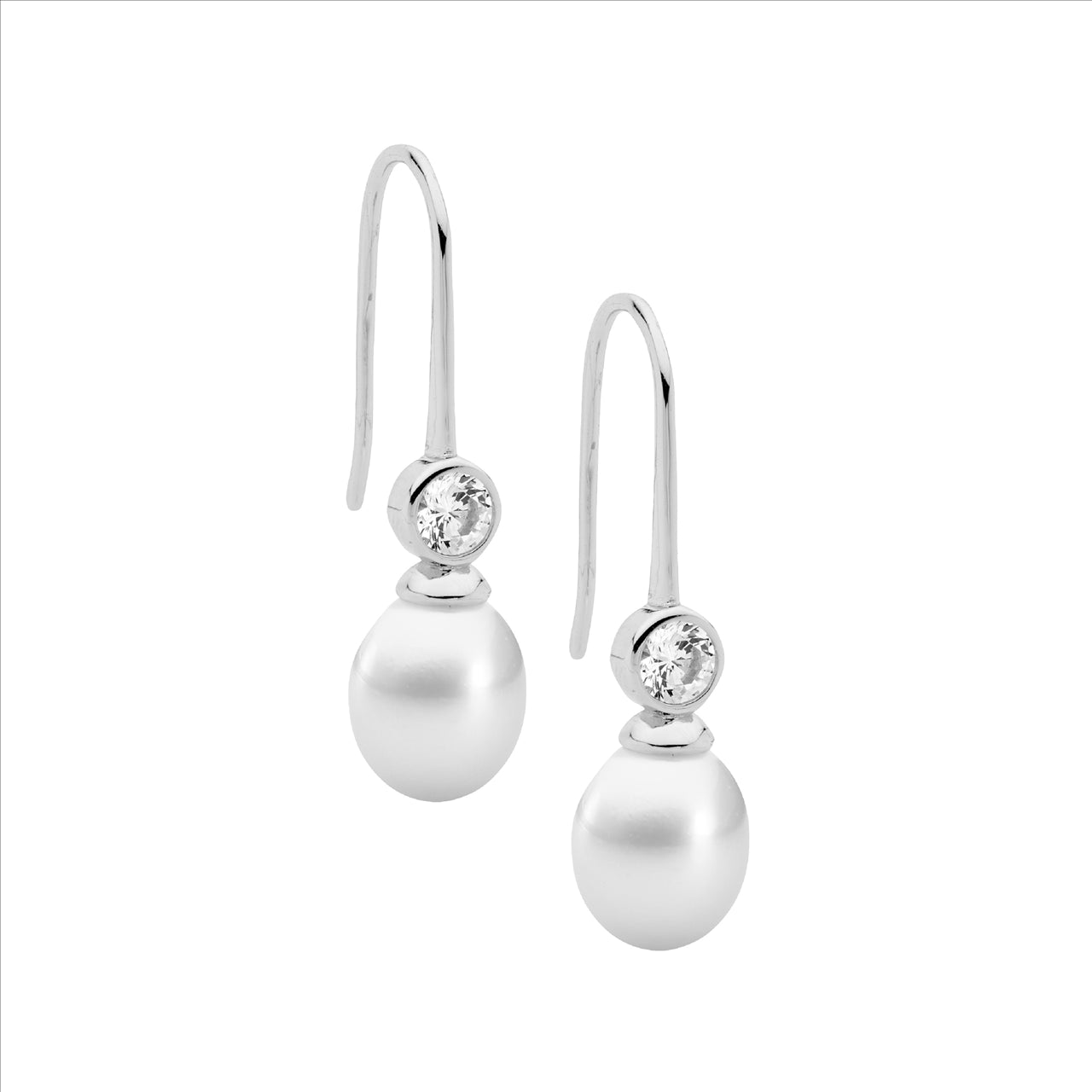Ellani Sterling Silver Freshwater Pearl & Cubic Zirconia Sheperd Hook Earrings